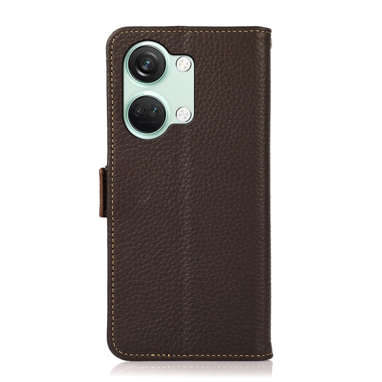 For OnePlus Nord 3 KHAZNEH Side-Magnetic Litchi Genuine Leather RFID Phone Case(Brown) - OnePlus Cases by buy2fix | Online Shopping UK | buy2fix