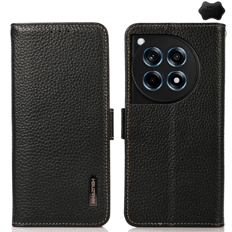 For OnePlus 12R KHAZNEH Side-Magnetic Litchi Genuine Leather RFID Phone Case(Black) - OnePlus Cases by buy2fix | Online Shopping UK | buy2fix