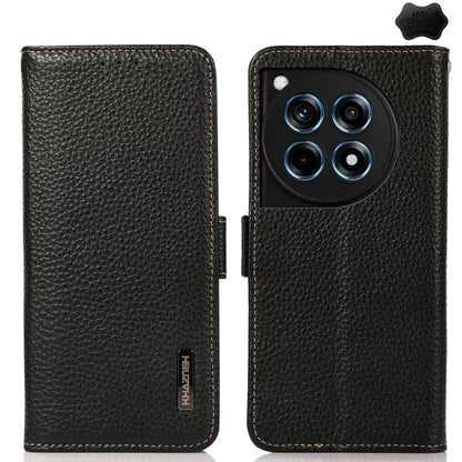 For OnePlus 12R KHAZNEH Side-Magnetic Litchi Genuine Leather RFID Phone Case(Black) - OnePlus Cases by buy2fix | Online Shopping UK | buy2fix