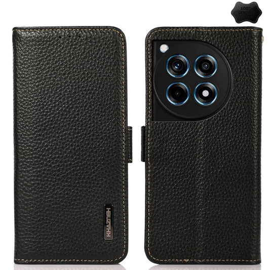 For OnePlus 12R KHAZNEH Side-Magnetic Litchi Genuine Leather RFID Phone Case(Black) - OnePlus Cases by buy2fix | Online Shopping UK | buy2fix