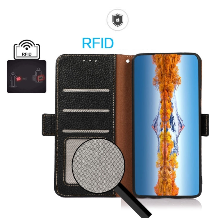 For OnePlus 12R KHAZNEH Side-Magnetic Litchi Genuine Leather RFID Phone Case(Black) - OnePlus Cases by buy2fix | Online Shopping UK | buy2fix