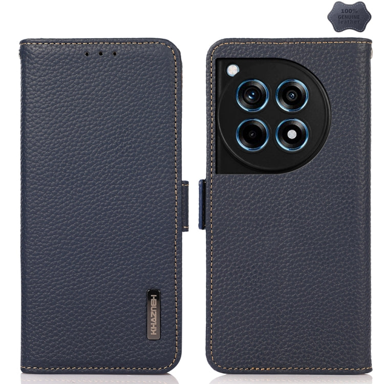 For OnePlus 12R KHAZNEH Side-Magnetic Litchi Genuine Leather RFID Phone Case(Blue) - OnePlus Cases by buy2fix | Online Shopping UK | buy2fix