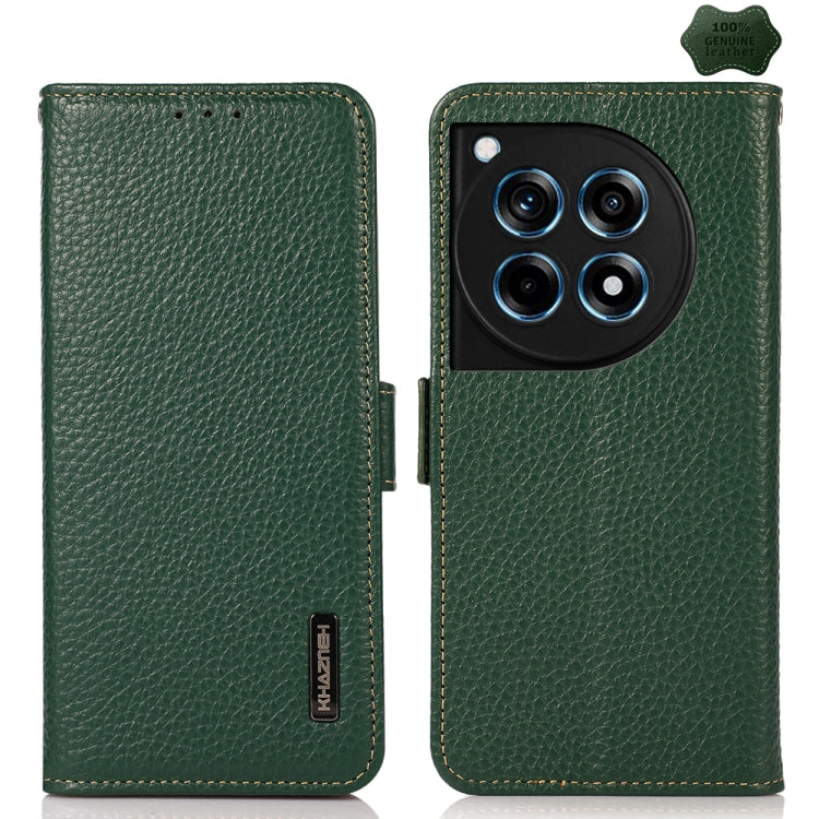 For OnePlus 12R KHAZNEH Side-Magnetic Litchi Genuine Leather RFID Phone Case(Green) - OnePlus Cases by buy2fix | Online Shopping UK | buy2fix