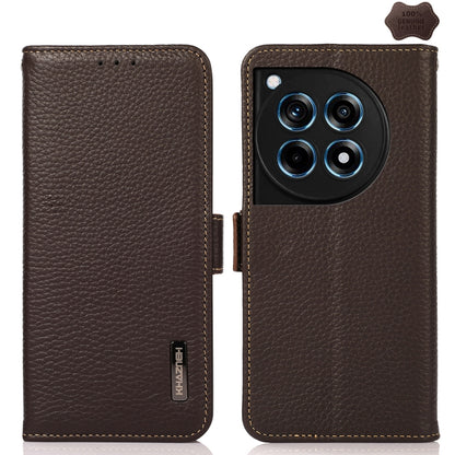 For OnePlus 12R KHAZNEH Side-Magnetic Litchi Genuine Leather RFID Phone Case(Brown) - OnePlus Cases by buy2fix | Online Shopping UK | buy2fix