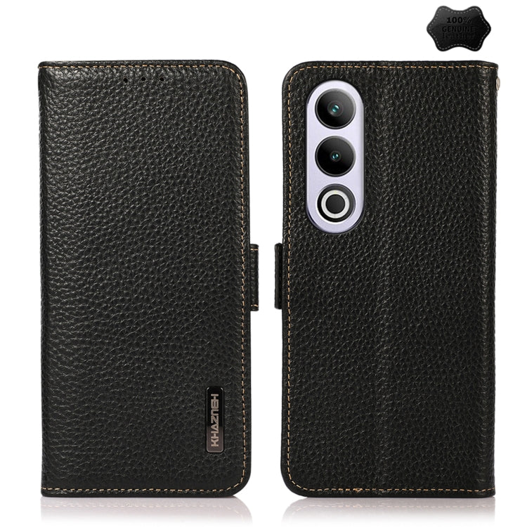 For OnePlus CE4 5G Global KHAZNEH Side-Magnetic Litchi Genuine Leather RFID Phone Case(Black) - OnePlus Cases by buy2fix | Online Shopping UK | buy2fix