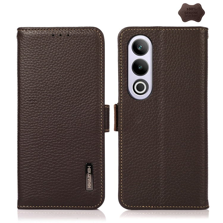 For OnePlus CE4 5G Global KHAZNEH Side-Magnetic Litchi Genuine Leather RFID Phone Case(Brown) - OnePlus Cases by buy2fix | Online Shopping UK | buy2fix