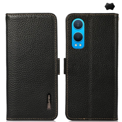 For OnePlus CE4 Lite KHAZNEH Side-Magnetic Litchi Genuine Leather RFID Phone Case(Black) - OnePlus Cases by buy2fix | Online Shopping UK | buy2fix