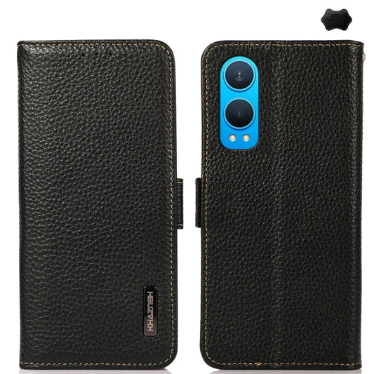 For OnePlus CE4 Lite KHAZNEH Side-Magnetic Litchi Genuine Leather RFID Phone Case(Black) - OnePlus Cases by buy2fix | Online Shopping UK | buy2fix