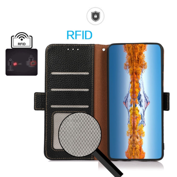 For OnePlus CE4 Lite KHAZNEH Side-Magnetic Litchi Genuine Leather RFID Phone Case(Black) - OnePlus Cases by buy2fix | Online Shopping UK | buy2fix