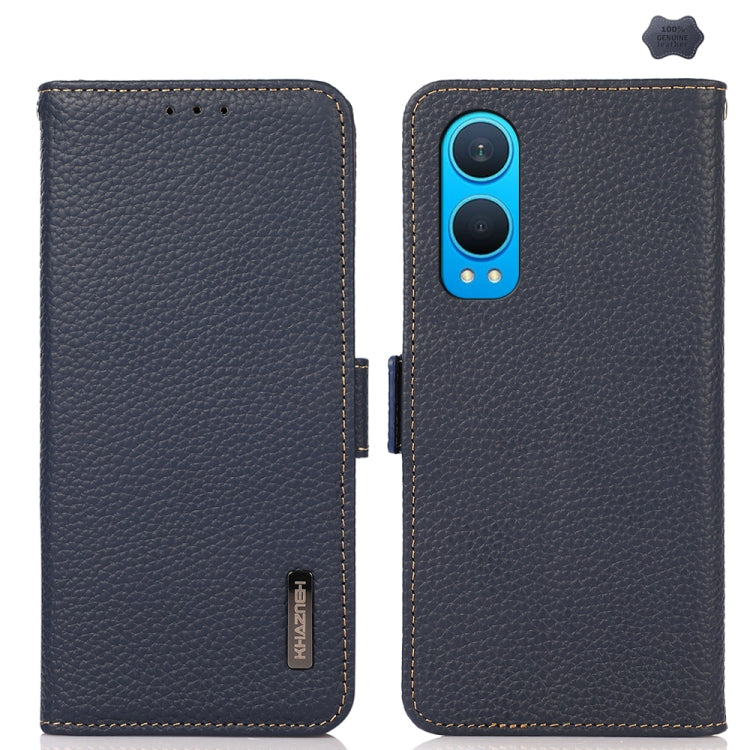 For OnePlus CE4 Lite KHAZNEH Side-Magnetic Litchi Genuine Leather RFID Phone Case(Blue) - OnePlus Cases by buy2fix | Online Shopping UK | buy2fix