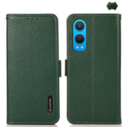 For OnePlus CE4 Lite KHAZNEH Side-Magnetic Litchi Genuine Leather RFID Phone Case(Green) - OnePlus Cases by buy2fix | Online Shopping UK | buy2fix