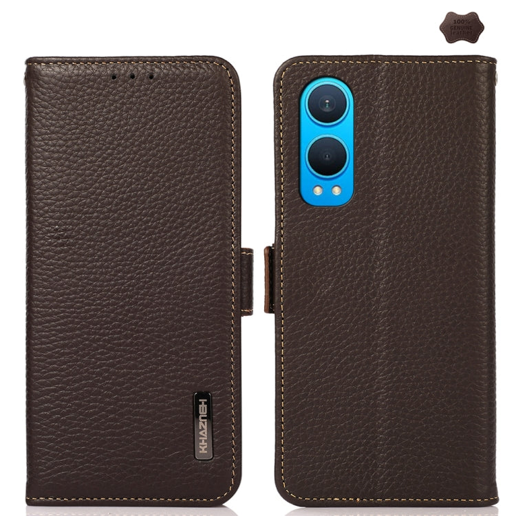 For OnePlus CE4 Lite KHAZNEH Side-Magnetic Litchi Genuine Leather RFID Phone Case(Brown) - OnePlus Cases by buy2fix | Online Shopping UK | buy2fix