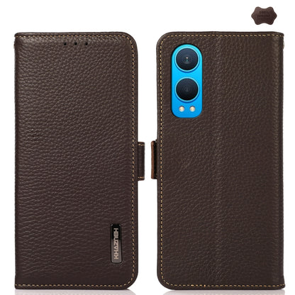 For OnePlus CE4 Lite KHAZNEH Side-Magnetic Litchi Genuine Leather RFID Phone Case(Brown) - OnePlus Cases by buy2fix | Online Shopping UK | buy2fix