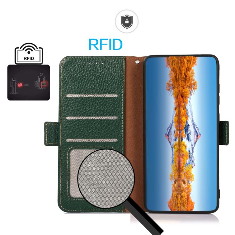 For OnePlus Ace 5 Pro / Ace 5 / 13R KHAZNEH Side-Magnetic Litchi Genuine Leather RFID Phone Case(Green) - Ace 5 Cases by buy2fix | Online Shopping UK | buy2fix