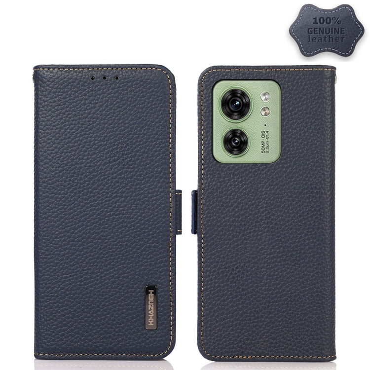 For Motorola Edge 40 KHAZNEH Side-Magnetic Litchi Genuine Leather RFID Phone Case(Blue) - Motorola Cases by buy2fix | Online Shopping UK | buy2fix