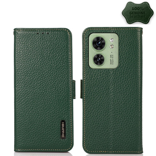For Motorola Edge 40 KHAZNEH Side-Magnetic Litchi Genuine Leather RFID Phone Case(Green) - Motorola Cases by buy2fix | Online Shopping UK | buy2fix