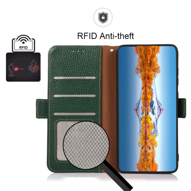 For Motorola Edge 40 KHAZNEH Side-Magnetic Litchi Genuine Leather RFID Phone Case(Green) - Motorola Cases by buy2fix | Online Shopping UK | buy2fix
