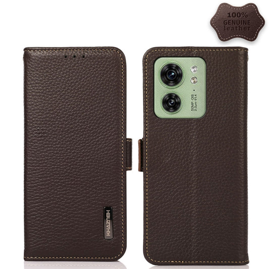 For Motorola Edge 40 KHAZNEH Side-Magnetic Litchi Genuine Leather RFID Phone Case(Brown) - Motorola Cases by buy2fix | Online Shopping UK | buy2fix