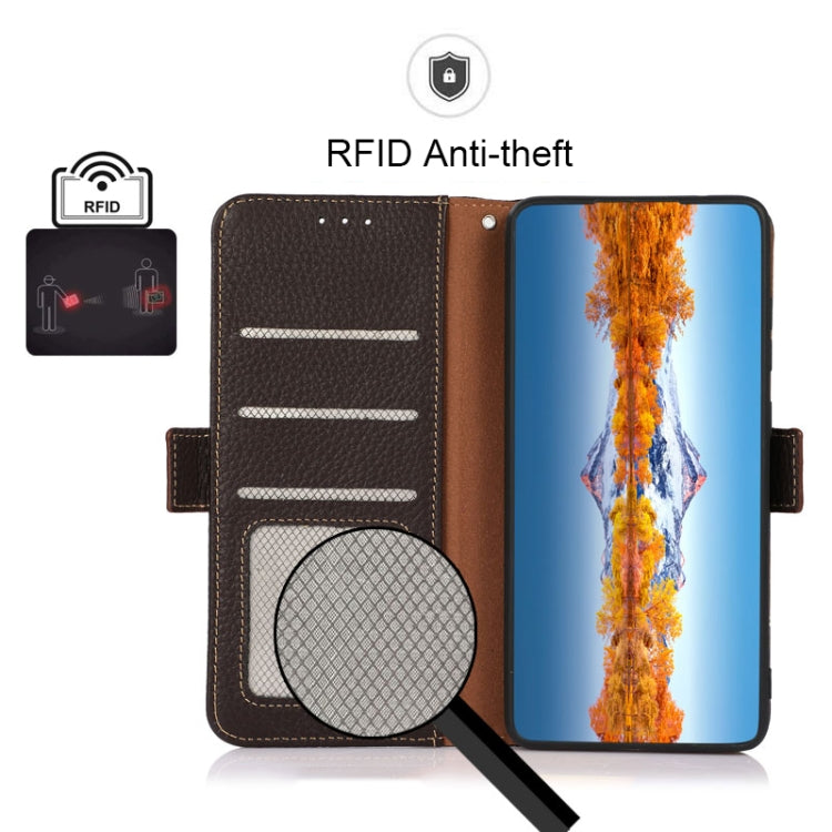 For Motorola Edge 40 KHAZNEH Side-Magnetic Litchi Genuine Leather RFID Phone Case(Brown) - Motorola Cases by buy2fix | Online Shopping UK | buy2fix