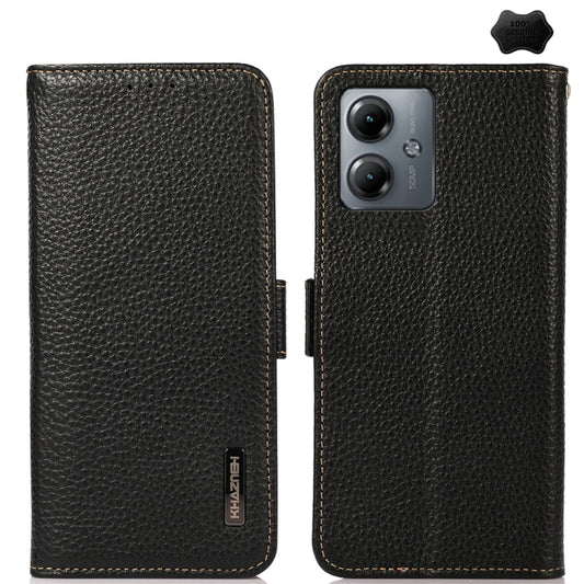 For Motorola Moto G14 4G KHAZNEH Side-Magnetic Litchi Genuine Leather RFID Phone Case(Black) - Motorola Cases by buy2fix | Online Shopping UK | buy2fix