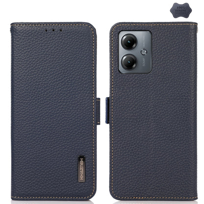 For Motorola Moto G14 4G KHAZNEH Side-Magnetic Litchi Genuine Leather RFID Phone Case(Blue) - Motorola Cases by buy2fix | Online Shopping UK | buy2fix