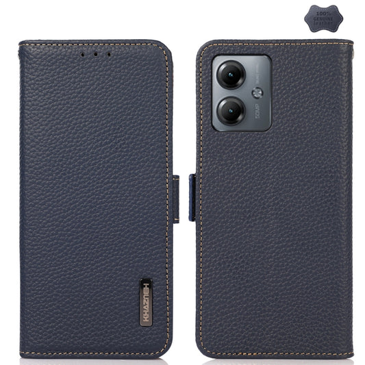 For Motorola Moto G14 4G KHAZNEH Side-Magnetic Litchi Genuine Leather RFID Phone Case(Blue) - Motorola Cases by buy2fix | Online Shopping UK | buy2fix