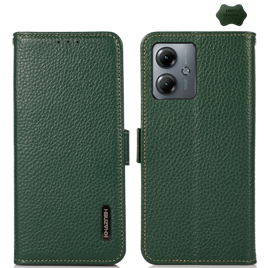 For Motorola Moto G14 4G KHAZNEH Side-Magnetic Litchi Genuine Leather RFID Phone Case(Green) - Motorola Cases by buy2fix | Online Shopping UK | buy2fix