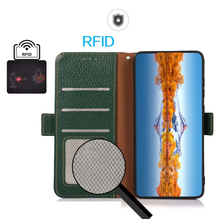 For Motorola Moto G14 4G KHAZNEH Side-Magnetic Litchi Genuine Leather RFID Phone Case(Green) - Motorola Cases by buy2fix | Online Shopping UK | buy2fix