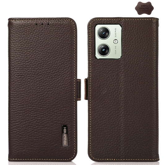 For Motorola Moto G54 5G KHAZNEH Side-Magnetic Litchi Genuine Leather RFID Phone Case(Brown) - Motorola Cases by buy2fix | Online Shopping UK | buy2fix