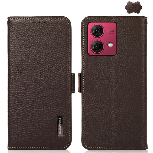 For Motorola Moto G84 5G KHAZNEH Side-Magnetic Litchi Genuine Leather RFID Phone Case(Brown) - Motorola Cases by buy2fix | Online Shopping UK | buy2fix