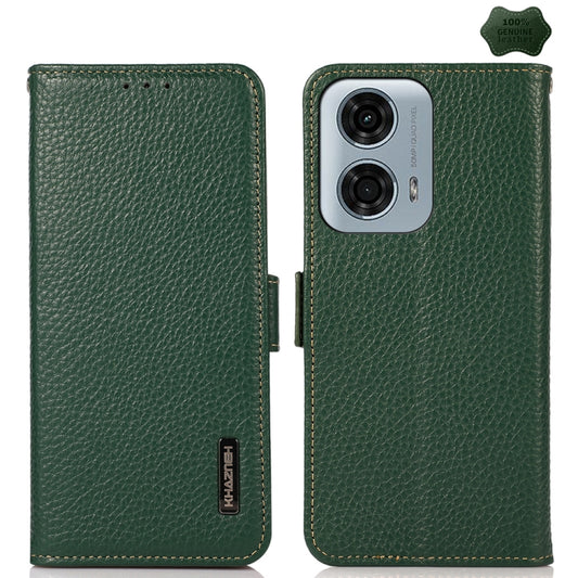 For Motorola Moto G24 KHAZNEH Side-Magnetic Litchi Genuine Leather RFID Phone Case(Green) - Motorola Cases by buy2fix | Online Shopping UK | buy2fix