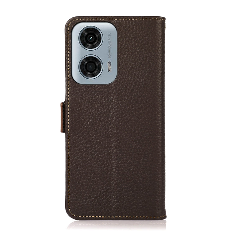 For Motorola Moto G24 KHAZNEH Side-Magnetic Litchi Genuine Leather RFID Phone Case(Brown) - Motorola Cases by buy2fix | Online Shopping UK | buy2fix