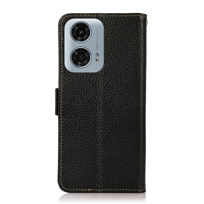 For Motorola Moto G34 KHAZNEH Side-Magnetic Litchi Genuine Leather RFID Phone Case(Black) - Motorola Cases by buy2fix | Online Shopping UK | buy2fix