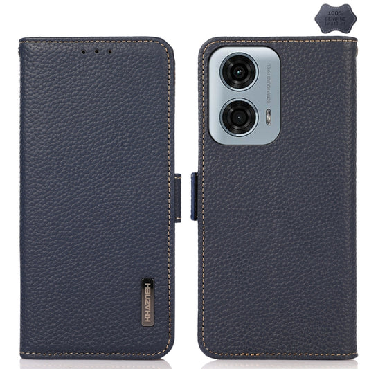 For Motorola Moto G34 KHAZNEH Side-Magnetic Litchi Genuine Leather RFID Phone Case(Blue) - Motorola Cases by buy2fix | Online Shopping UK | buy2fix