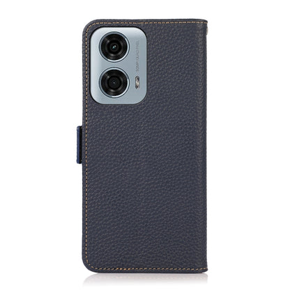 For Motorola Moto G34 KHAZNEH Side-Magnetic Litchi Genuine Leather RFID Phone Case(Blue) - Motorola Cases by buy2fix | Online Shopping UK | buy2fix