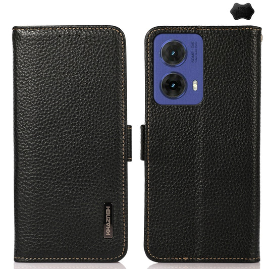 For Motorola Moto G85 KHAZNEH Side-Magnetic Litchi Genuine Leather RFID Phone Case(Black) - Motorola Cases by buy2fix | Online Shopping UK | buy2fix