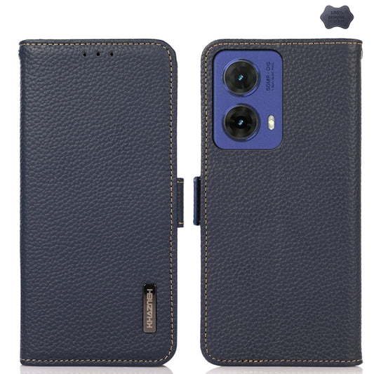 For Motorola Moto G85 KHAZNEH Side-Magnetic Litchi Genuine Leather RFID Phone Case(Blue) - Motorola Cases by buy2fix | Online Shopping UK | buy2fix