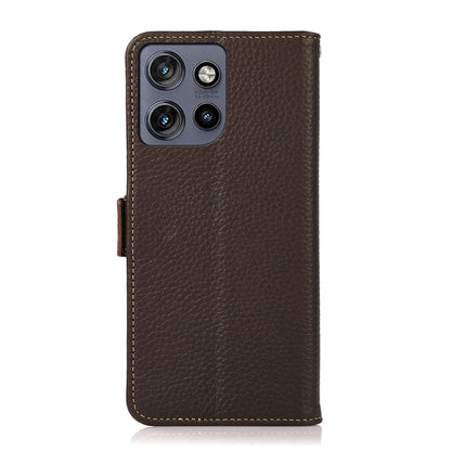 For Motorola Edge 50 Neo 5G / Moto S50 5G KHAZNEH Side-Magnetic Litchi Genuine Leather RFID Phone Case(Brown) - Motorola Cases by buy2fix | Online Shopping UK | buy2fix