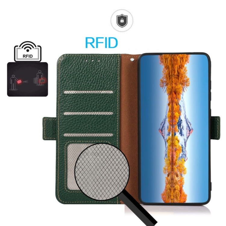 For Motorola Edge 50 5G KHAZNEH Side-Magnetic Litchi Genuine Leather RFID Phone Case(Green) - Motorola Cases by buy2fix | Online Shopping UK | buy2fix