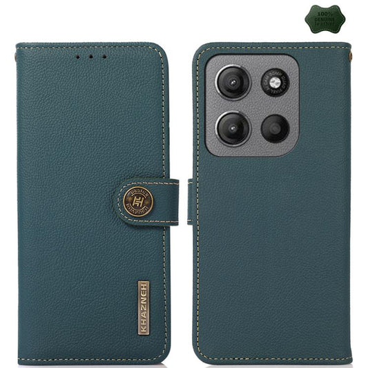 For Motorola Moto G15 4G KHAZNEH Custer Genuine Leather RFID Phone Case(Green) - Motorola Cases by buy2fix | Online Shopping UK | buy2fix