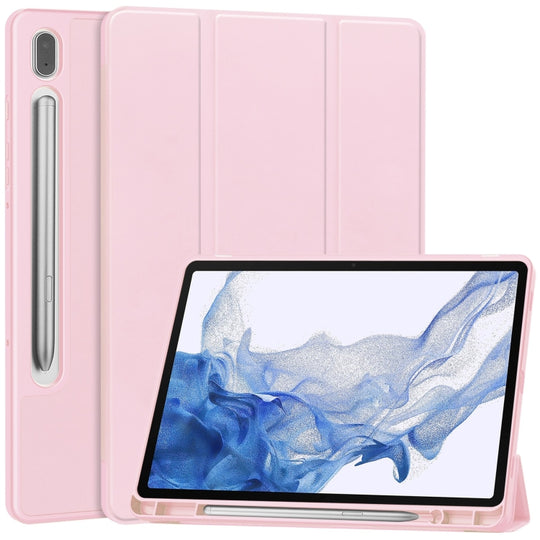 For Samsung Galaxy Tab S9 3-Fold Pure Color TPU Smart Leather Tablet Case with Pen Slot(Pink)