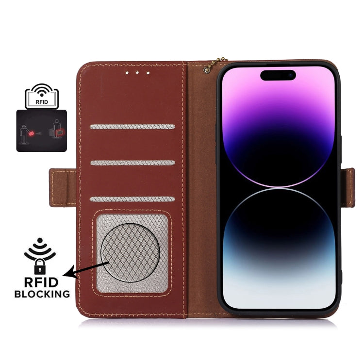 For Motorola Moto G34 Genuine Leather Magnetic RFID Leather Phone Case(Coffee) - Motorola Cases by buy2fix | Online Shopping UK | buy2fix