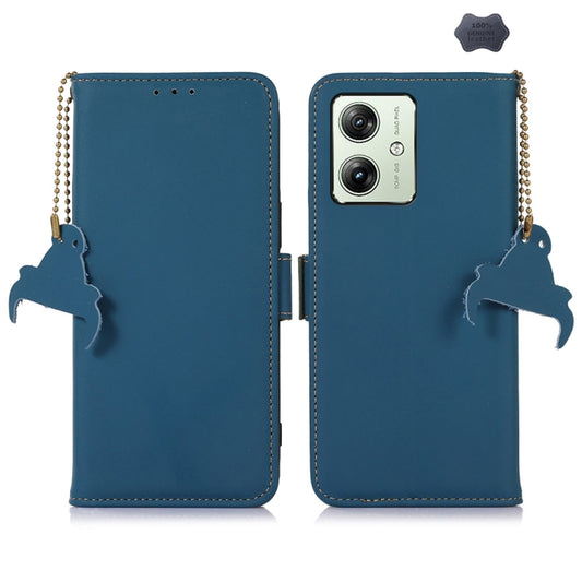 For Motorola Moto G64 5G Genuine Leather Magnetic RFID Leather Phone Case(Blue) - Motorola Cases by buy2fix | Online Shopping UK | buy2fix
