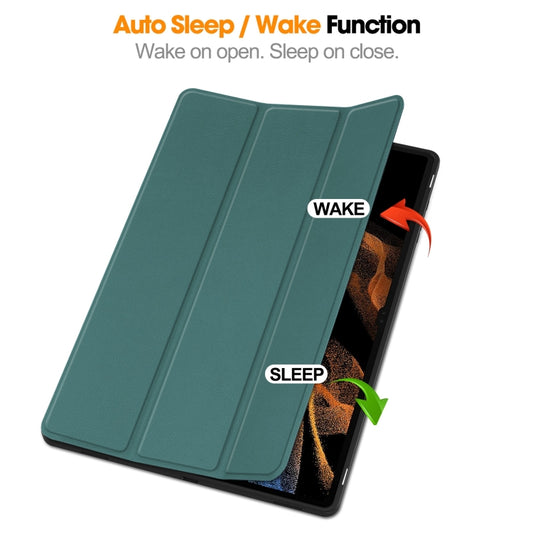For Samsung Galaxy Tab S10 Ultra / S9 Ultra 3-Fold Pure Color TPU Smart Leather Tablet Case with Pen Slot(Dark Green) by buy2fix
