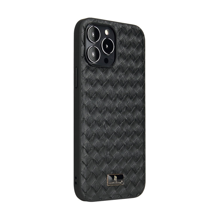 For iPhone 15 Pro Max Fierre Shann Leather Texture Phone Back Cover Case(Woven Black) - iPhone 15 Pro Max Cases by FIERRE SHANN | Online Shopping UK | buy2fix