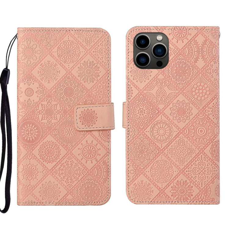 For iPhone 16 Pro Max Ethnic Style Embossed Pattern Leather Phone Case(Pink) by buy2fix