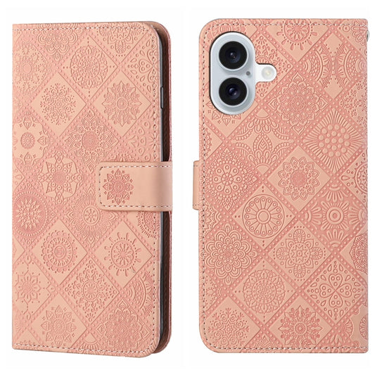 For iPhone 16 Plus Ethnic Style Embossed Pattern Leather Phone Case(Pink) by buy2fix