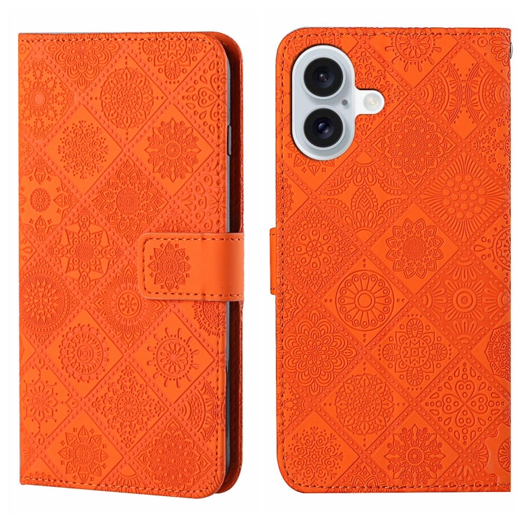 For iPhone 16 Plus Ethnic Style Embossed Pattern Leather Phone Case(Orange) by buy2fix