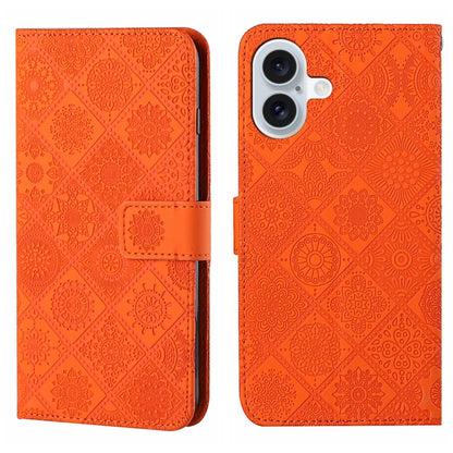 For iPhone 16 Plus Ethnic Style Embossed Pattern Leather Phone Case(Orange) by buy2fix