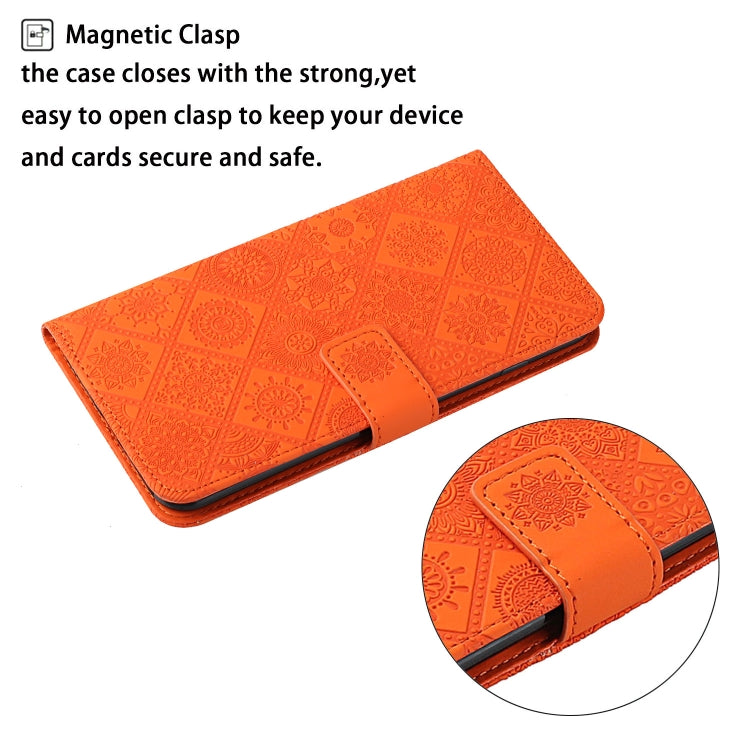 For iPhone 16 Plus Ethnic Style Embossed Pattern Leather Phone Case(Orange) by buy2fix